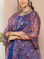 InWeave Ink Blue Strappy Set With Mauve Print Floral Cape