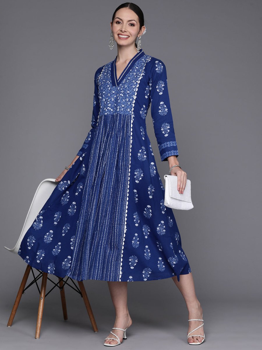 Ahalyaa Floral Print Midi Pure Cotton Ethnic Dress with Lace Inserts Detail - Distacart