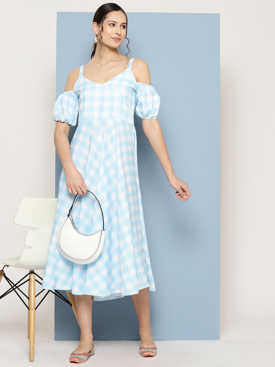 Ahalyaa Checked Cold-Shoulder Sleeves Midi Empire Ethnic Dress - Distacart