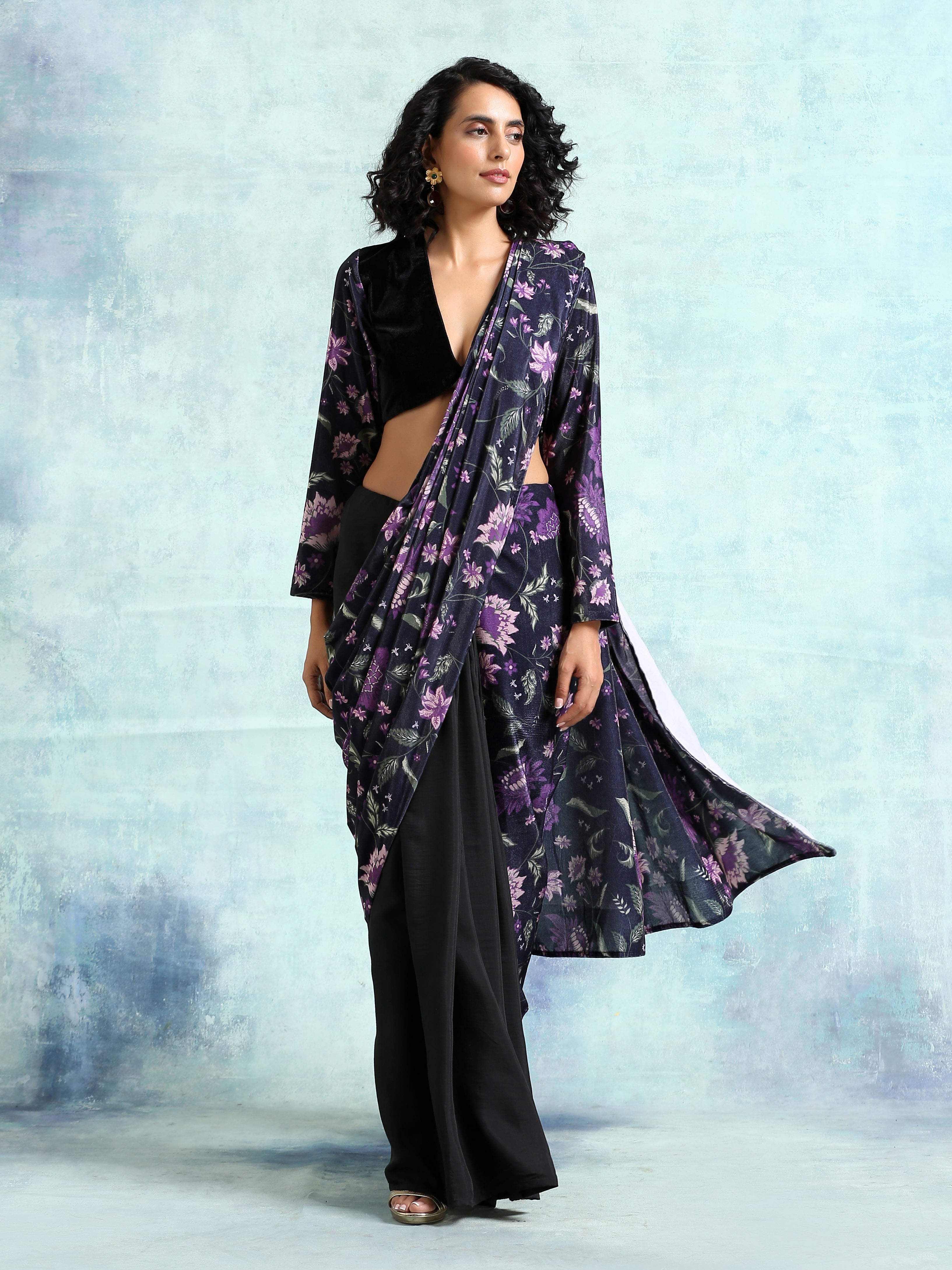 trueBrowns Black Printed Sleeve Velvet Blouse