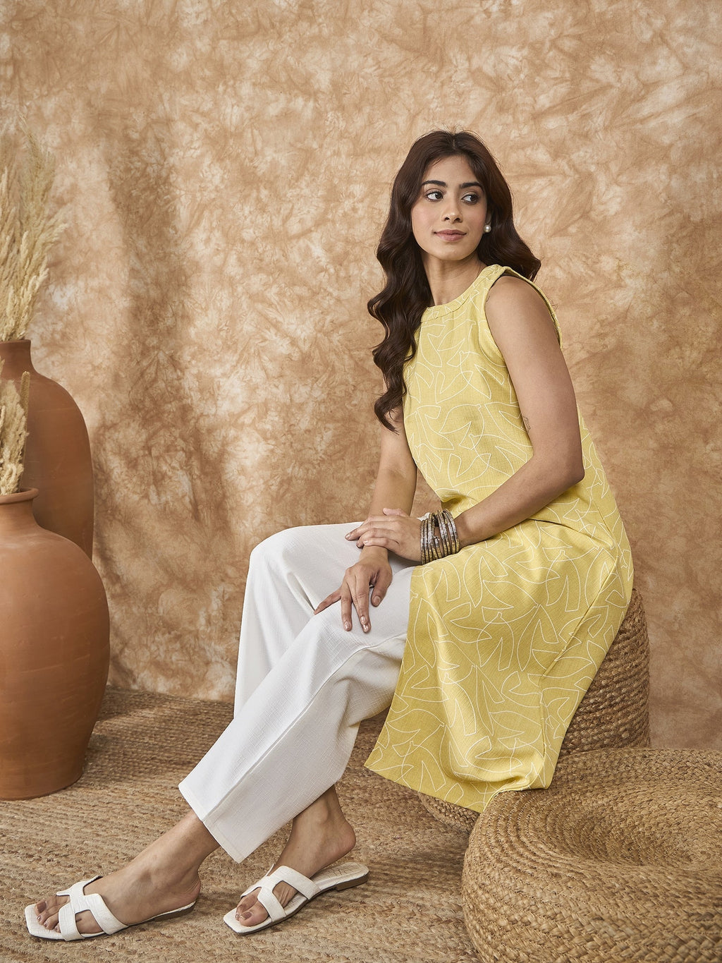 InWeave Light Yellow Side Asymmetric Kurta Set