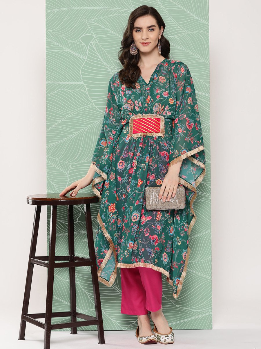 Ahalyaa Women Floral Printed Flared Sleeves Patchwork Georgette Kaftan Kurta - Distacart
