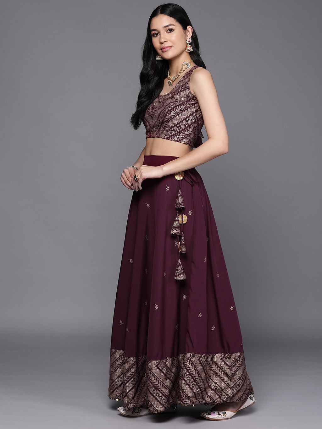 Indian Clothing Ahalyaa Purple & Gold-Toned Printed Sequinned Foil Print Ready to Wear Lehenga & Blouse With Dupatta