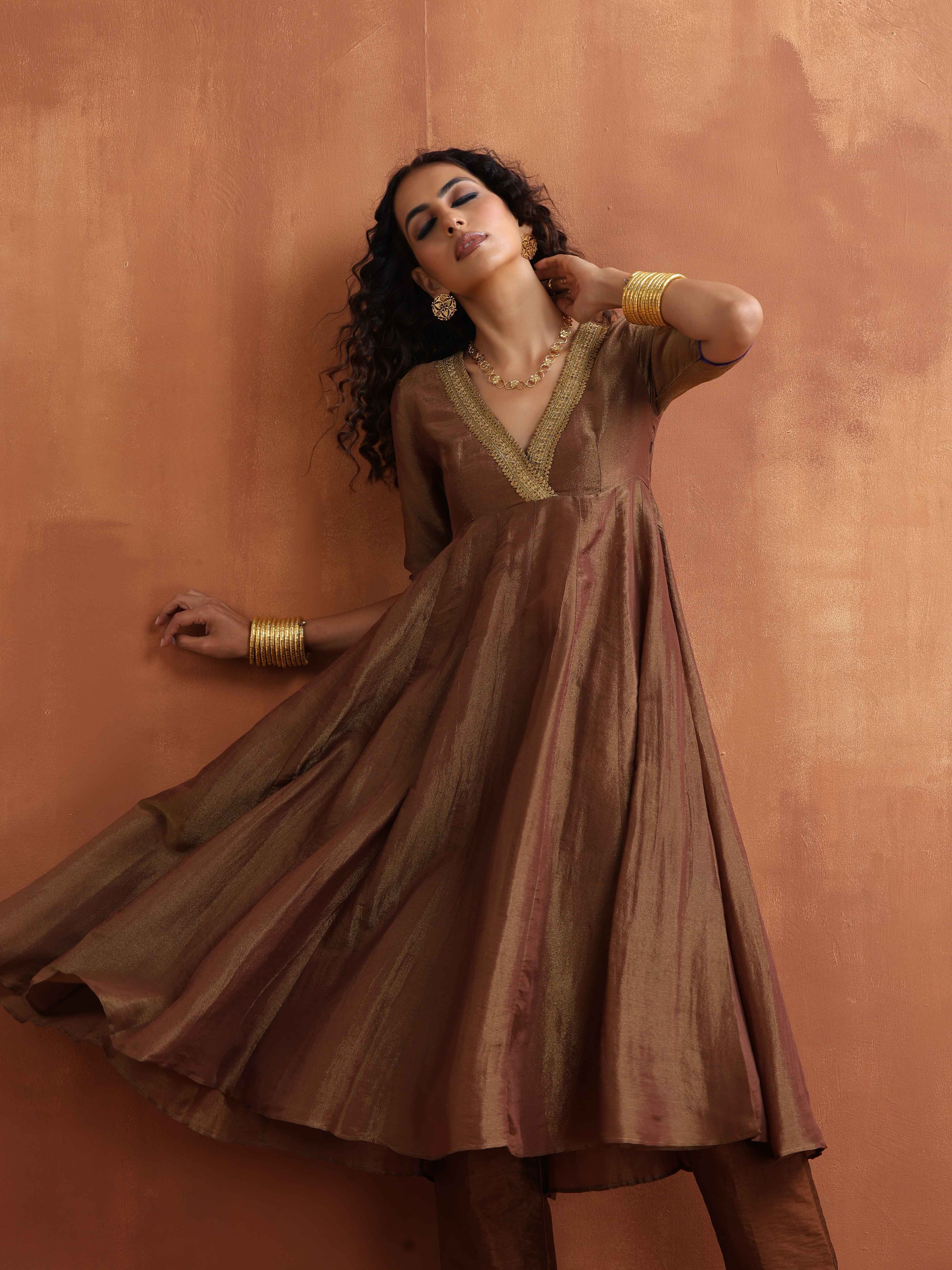 trueBrowns Bronze Tissue Flared Anarkali Kurta Set - Distacart