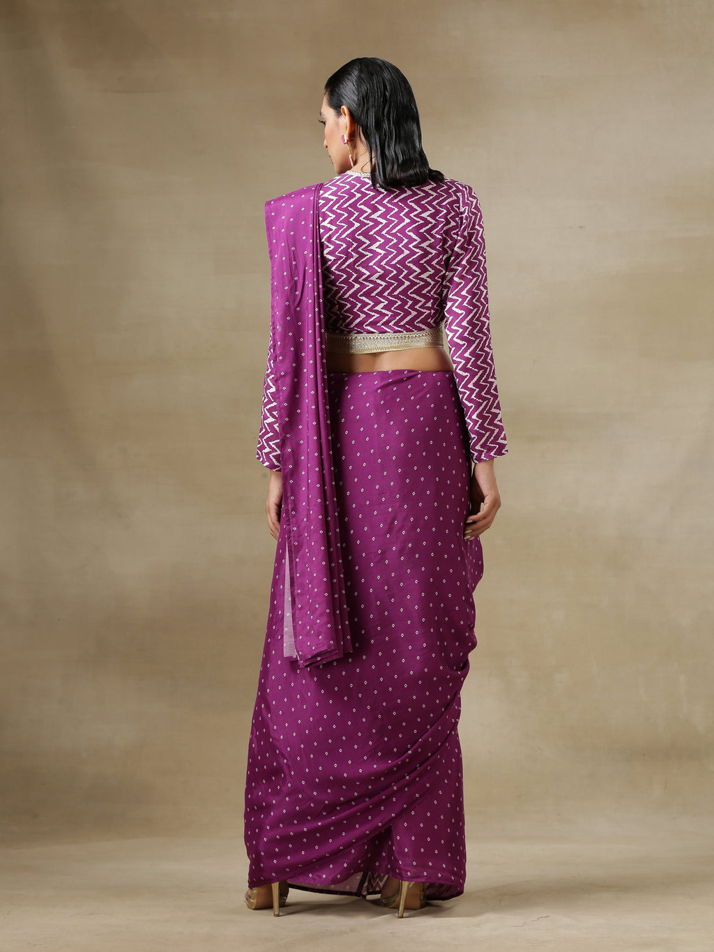 trueBrowns Purple Bandhani Printed Silk Ready to Wear Saree with Belt