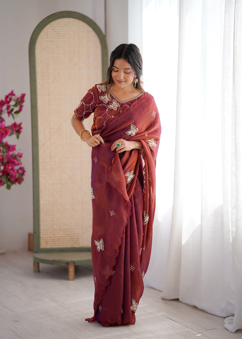 Evanik Rust Mos Silk With Handwork Butterfly Design Saree With Unstitched Blouse - Distacart