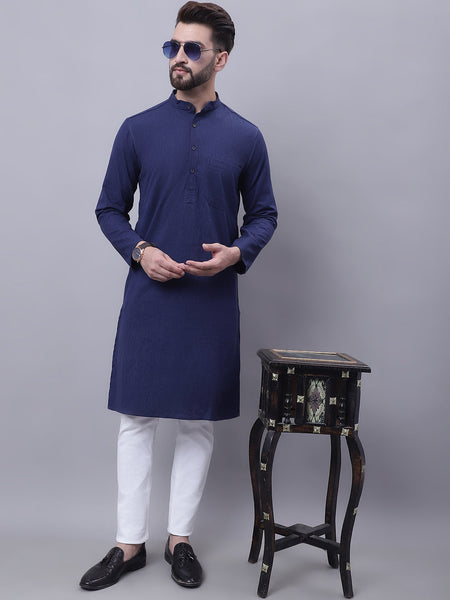 Even Apparels Blue Pure Cotton Kurta With Band Collar