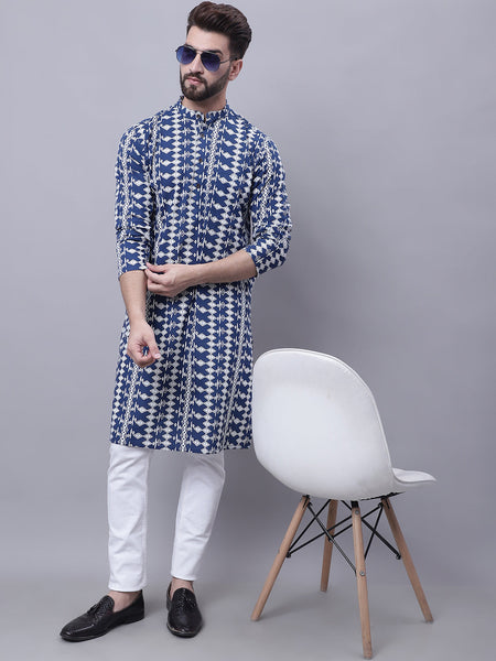 Even Apparels Blue Pure Cotton Kurta With Band Collar