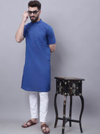 Even Apparels Blue Pure Cotton Short Sleeves Kurta With Band Collar - Distacart