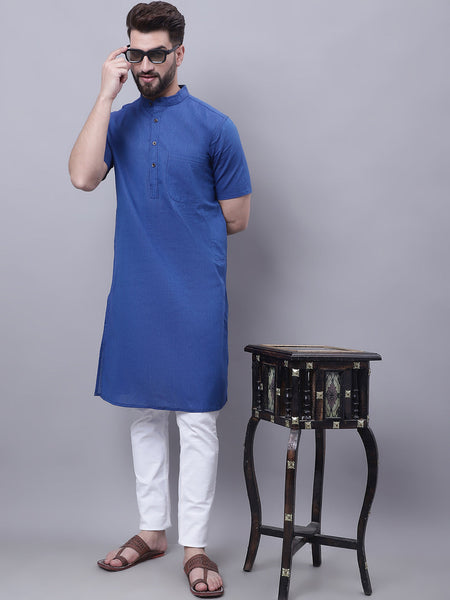 Even Apparels Blue Pure Cotton Short Sleeves Kurta With Band Collar