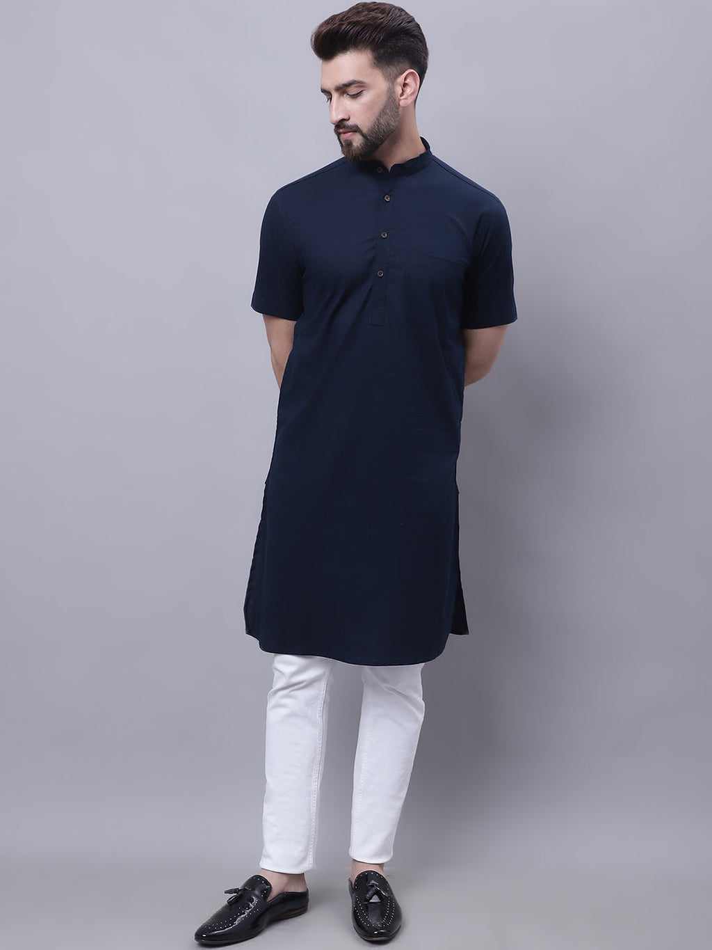 Even Apparels Blue Pure Cotton Short Sleeves Kurta With Band Collar - Distacart