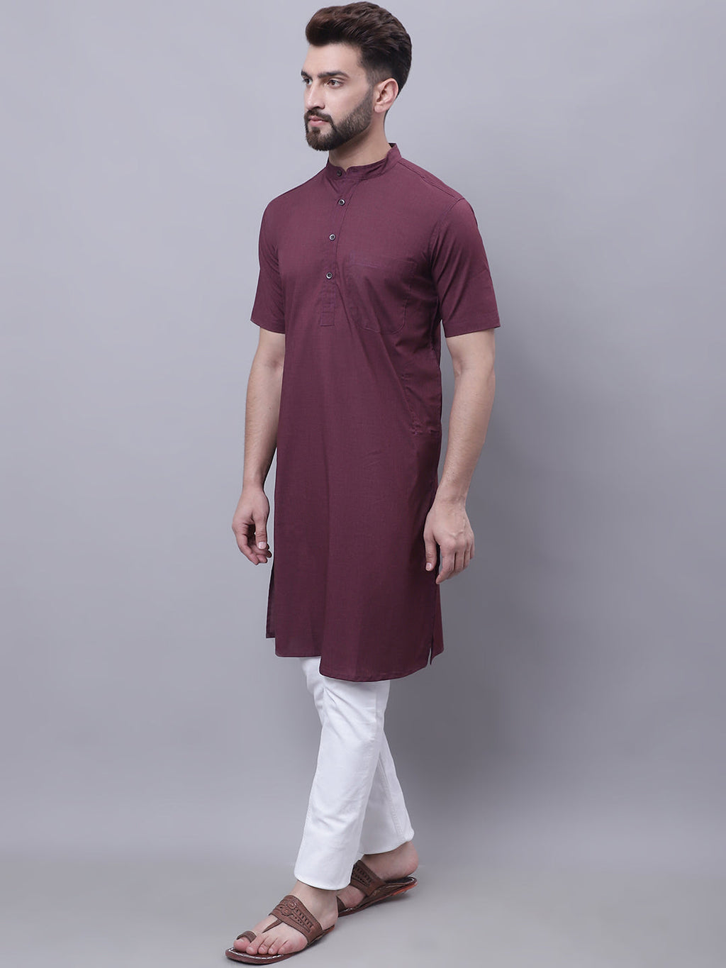 Even Apparels Wine Pure Cotton Short Sleeves Kurta With Band Collar - Distacart