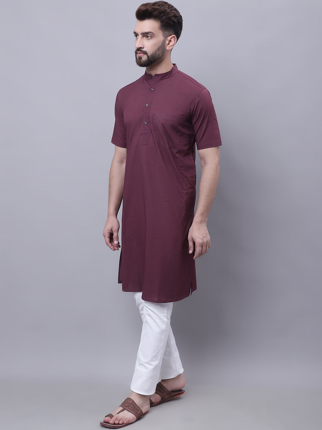 Even Apparels Wine Pure Cotton Short Sleeves Kurta With Band Collar - Distacart