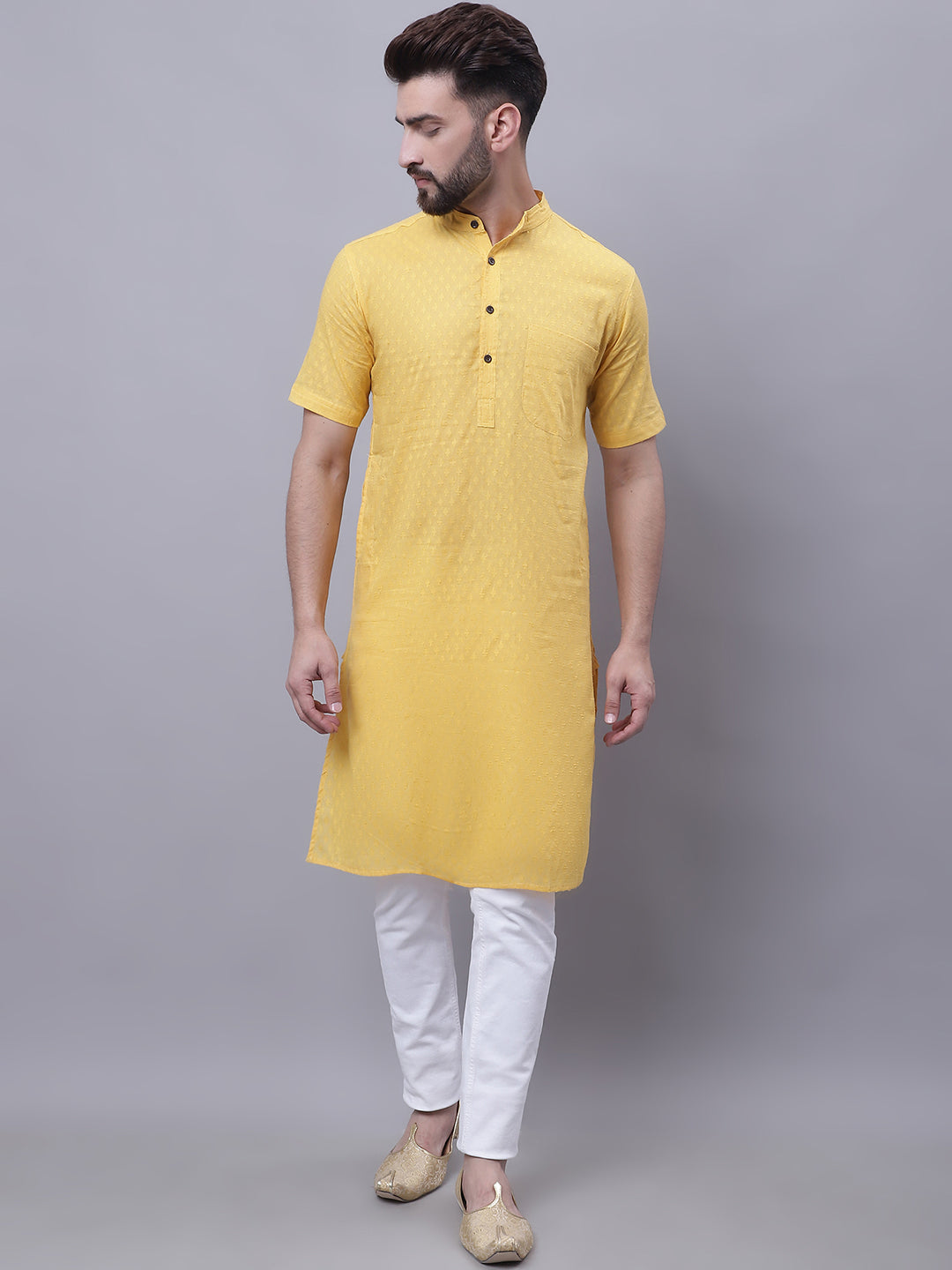 Even Apparels Yellow Pure Cotton Short Sleeves Kurta With Band Collar - Distacart