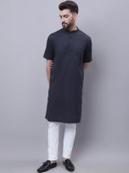 Even Apparels Black Pure Cotton Short Sleeves Kurta With Band Collar