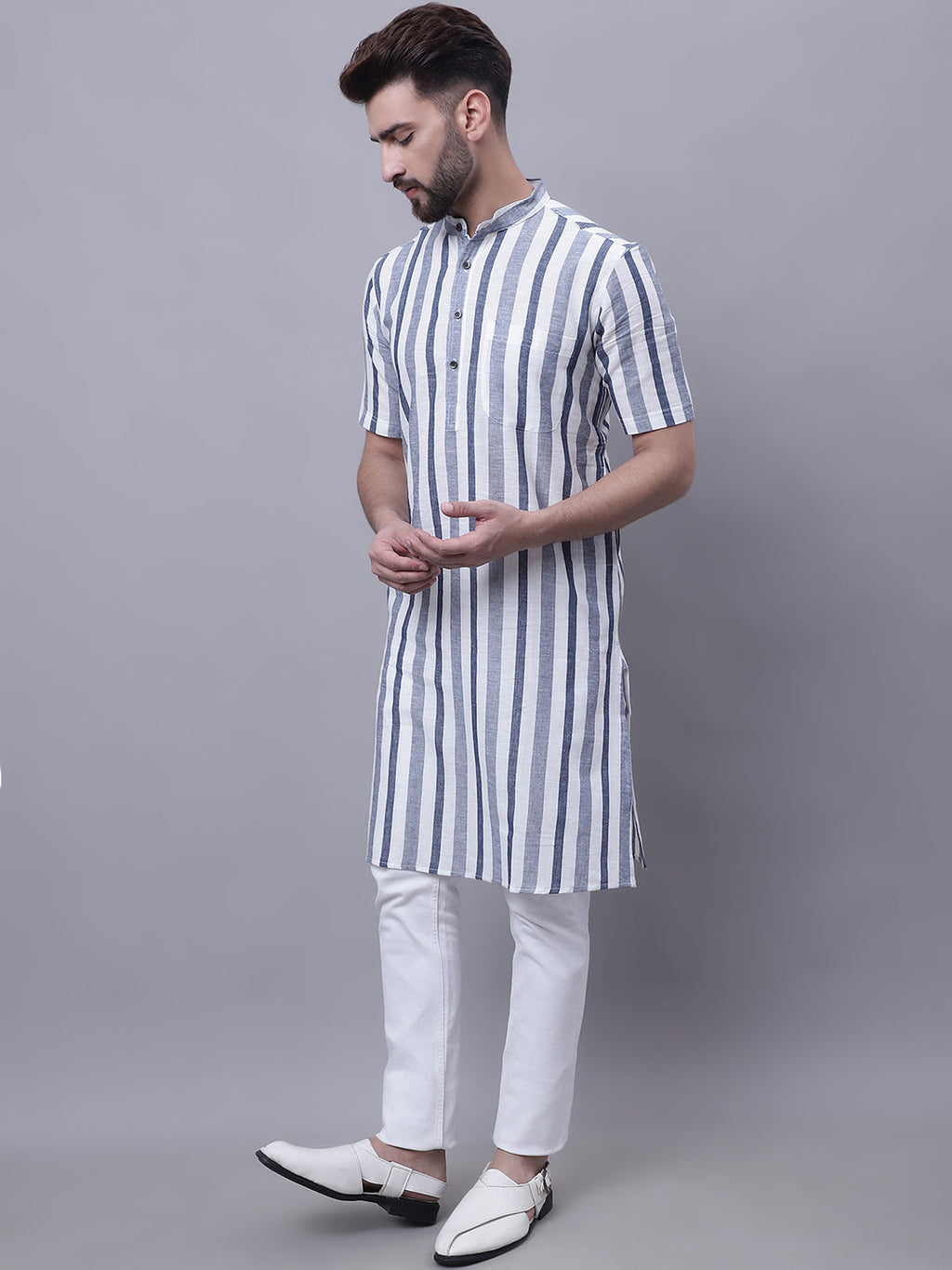 Even Apparels Grey Pure Cotton Short Sleeves Kurta With Band Collar - Distacart
