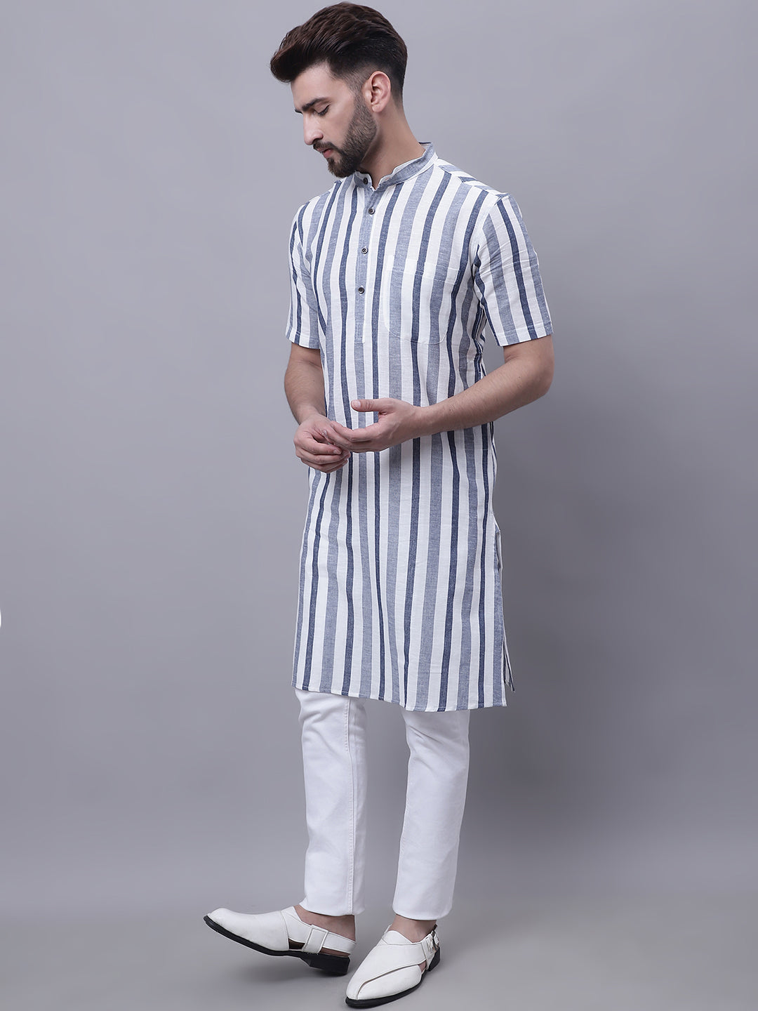 Even Apparels Grey Pure Cotton Short Sleeves Kurta With Band Collar - Distacart