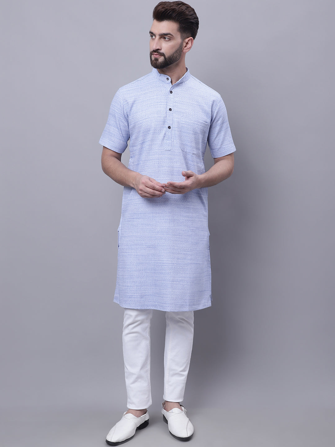 Even Apparels Blue Pure Cotton Short Sleeves Kurta With Band Collar - Distacart