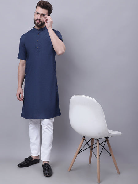 Even Apparels Blue Pure Cotton Short Sleeves Kurta With Band Collar