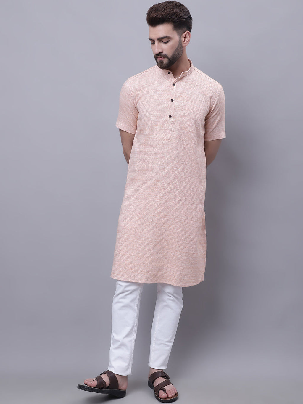 Even Apparels Peach Pure Cotton Short Sleeves Kurta With Band Collar - Distacart