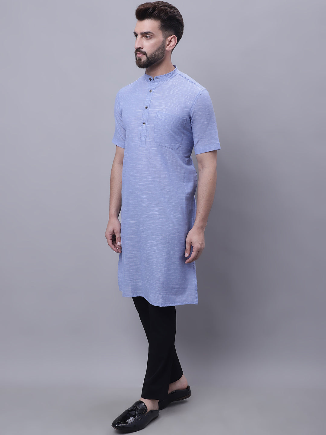 Even Apparels Blue Pure Cotton Short Sleeves Kurta With Band Collar - Distacart