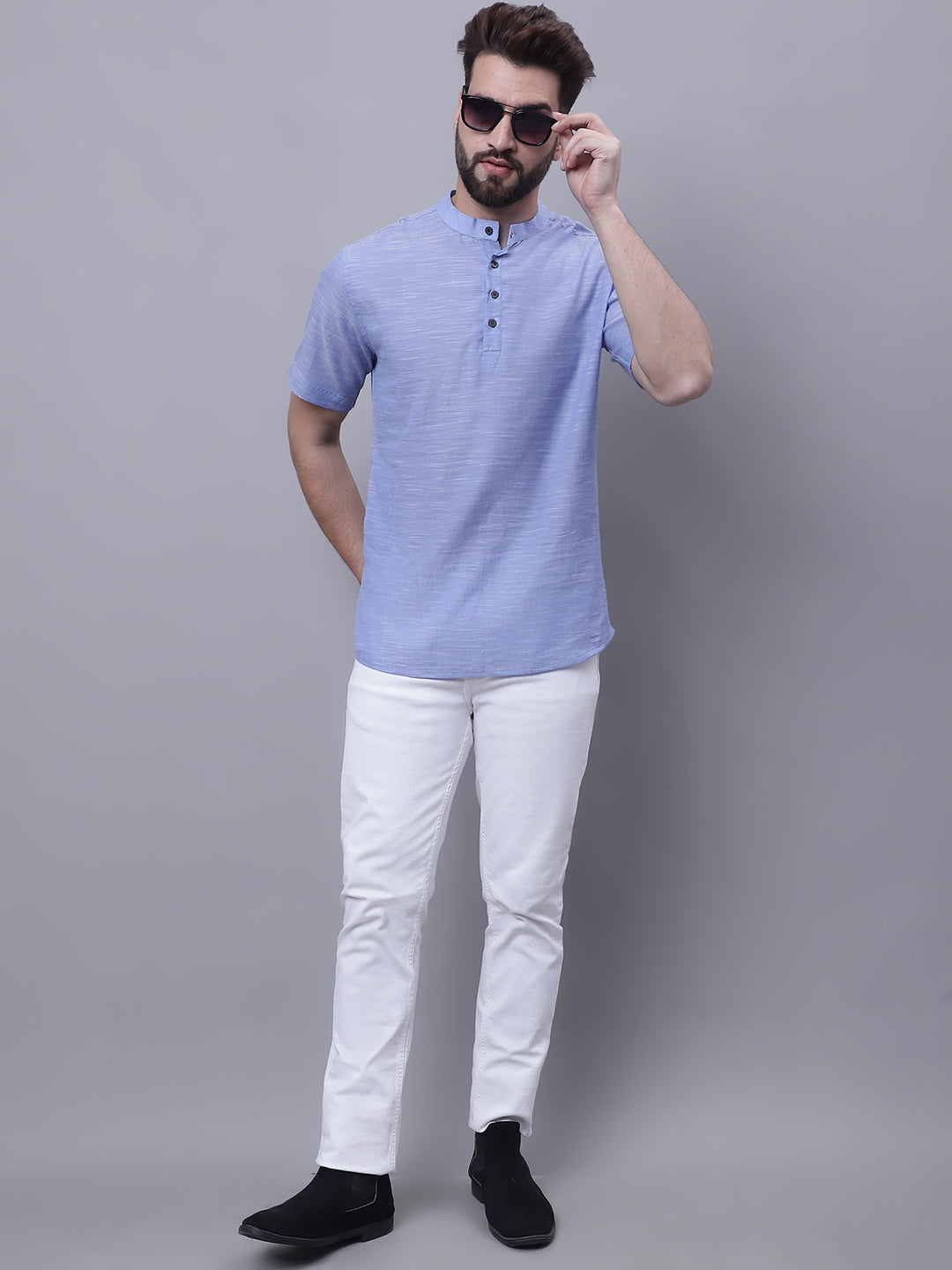 Even Apparels Blue Pure Cotton Short Kurta With Band Collar - Distacart