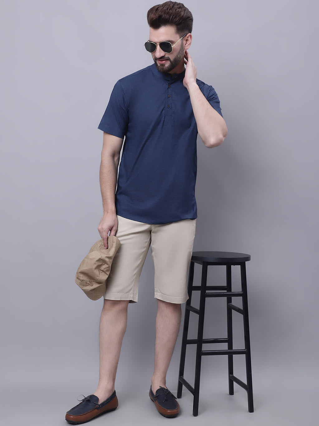 Even Apparels Blue Pure Cotton Short Kurta With Band Collar - Distacart
