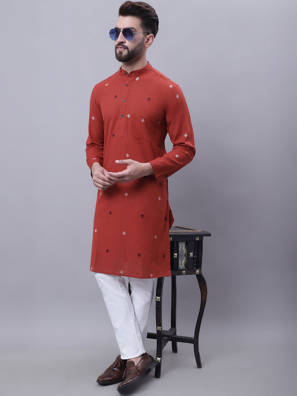 Even Apparels Rust Pure Cotton Kurta With Band Collar - Distacart