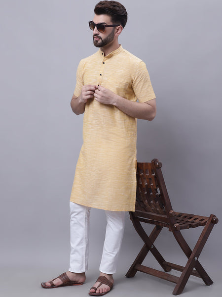 Even Apparels Yellow Pure Cotton Short Sleeves Kurta With Band Collar