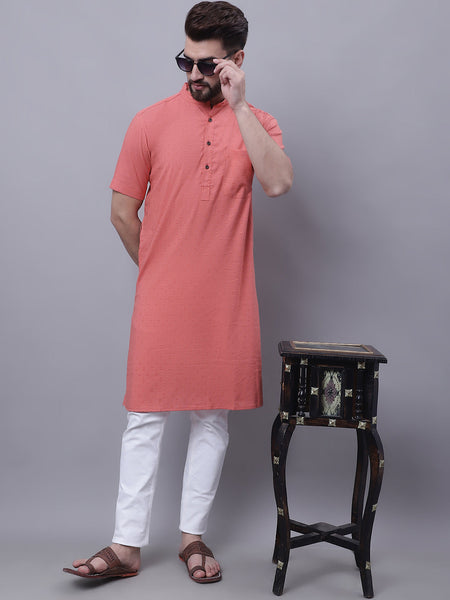 Even Apparels Peach Pure Cotton Short Sleeves Kurta With Band Collar