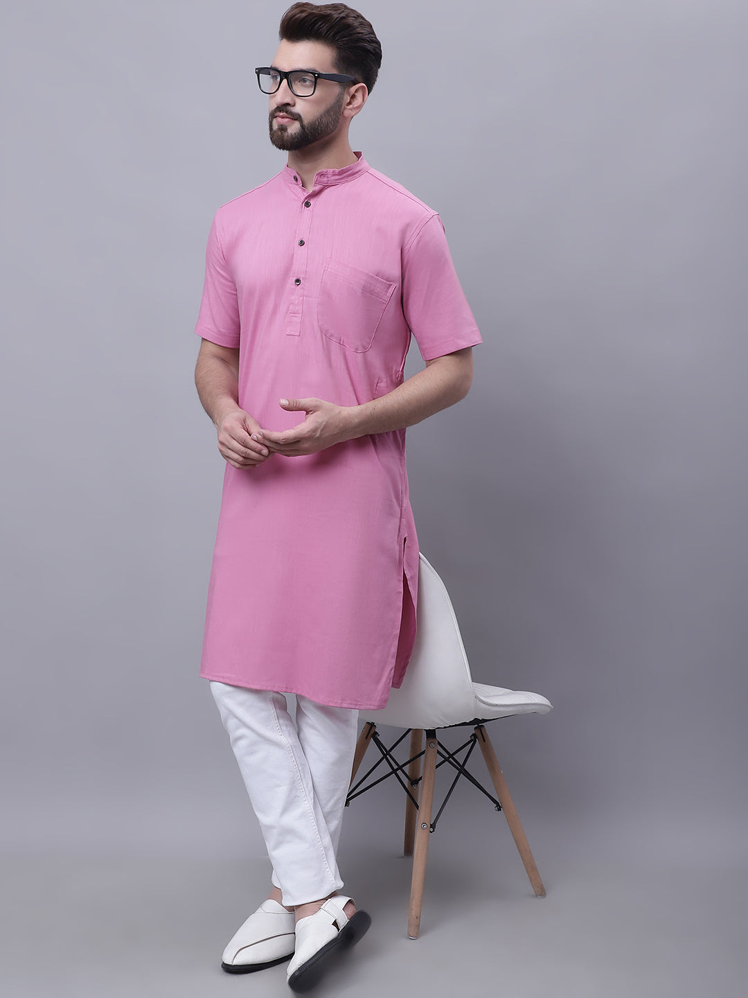 Even Apparels Pink Pure Cotton Short Sleeves Kurta With Band Collar - Distacart