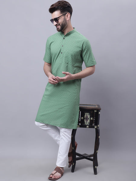 Even Apparels Green Pure Cotton Short Sleeves Kurta With Band Collar