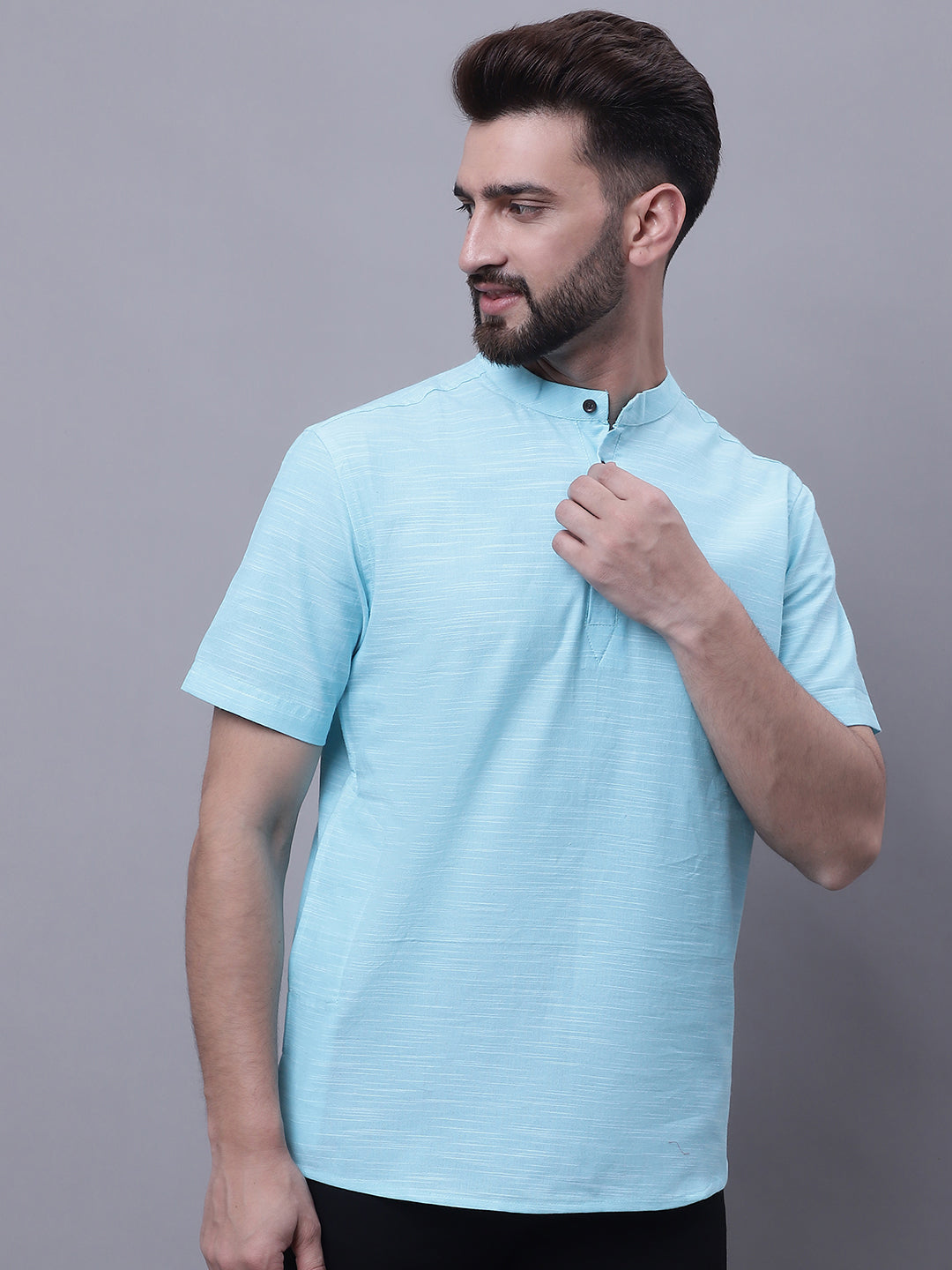 Even Apparels Blue Pure Cotton Short Kurta With Band Collar - Distacart