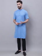 Even Apparels Blue Pure Cotton Short Sleeves Kurta With Band Collar - Distacart