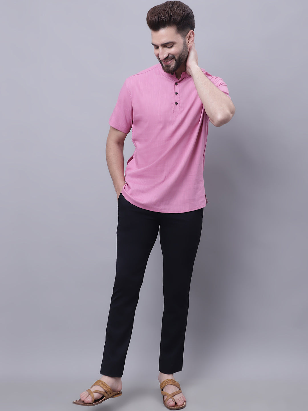 Even Apparels Pink Pure Cotton Short Kurta With Band Collar - Distacart