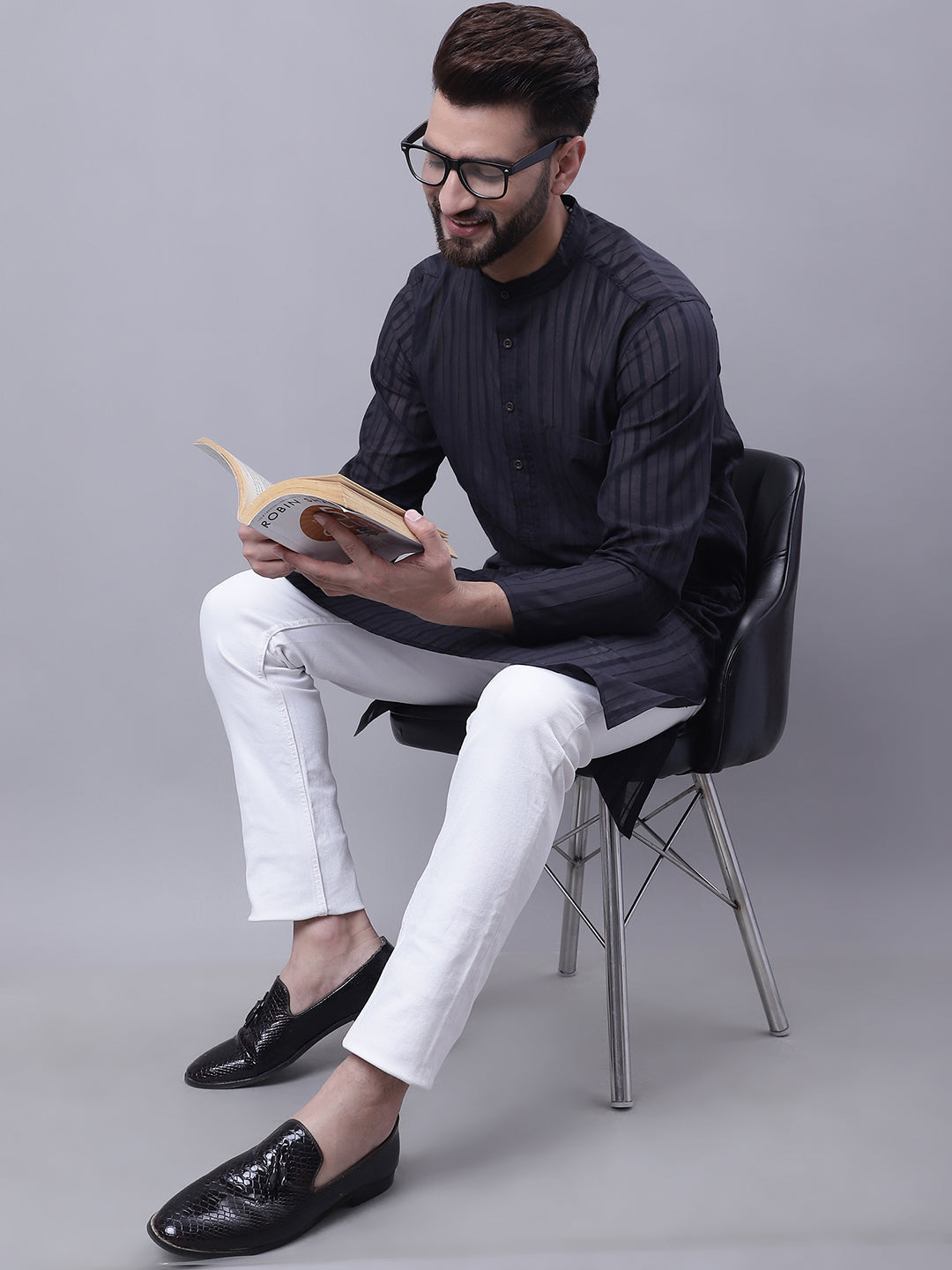 Even Apparels Black Pure Cotton Kurta With Band Collar