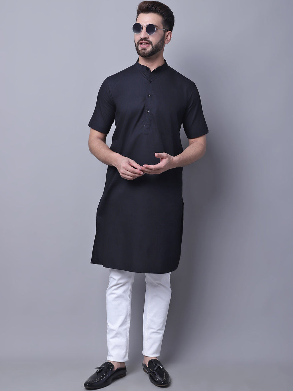 Even Apparels Black Pure Cotton Short Sleeves Kurta With Band Collar