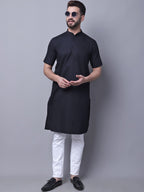Even Apparels Black Pure Cotton Short Sleeves Kurta With Band Collar