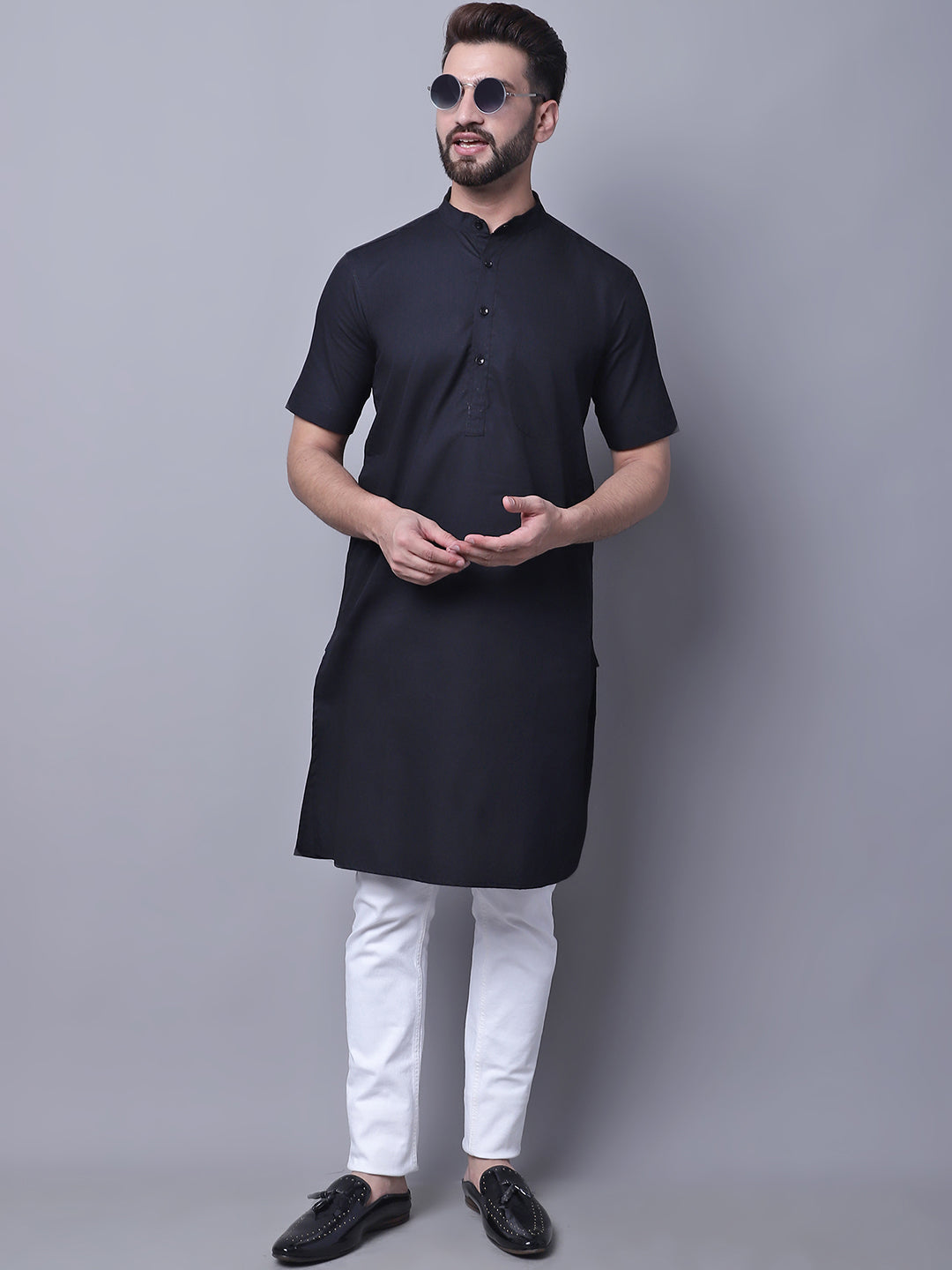 Even Apparels Black Pure Cotton Short Sleeves Kurta With Band Collar
