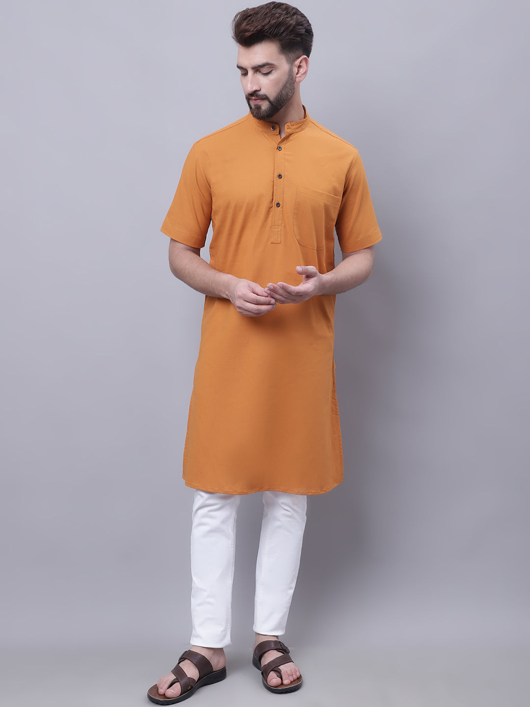 Even Apparels Yellow Pure Cotton Short Sleeves Kurta With Band Collar - Distacart