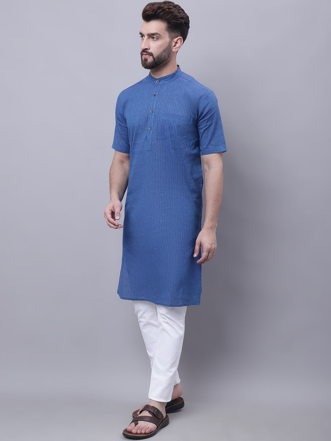 Even Apparels Blue Pure Cotton Short Sleeves Kurta With Band Collar - Distacart
