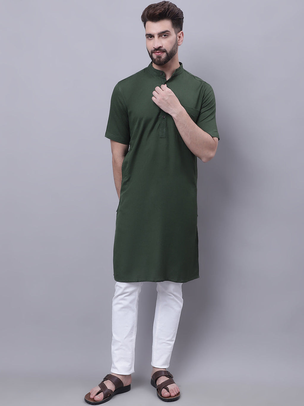 Even Apparels Green Pure Cotton Short Sleeves Kurta With Band Collar - Distacart