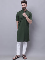 Even Apparels Green Pure Cotton Short Sleeves Kurta With Band Collar - Distacart