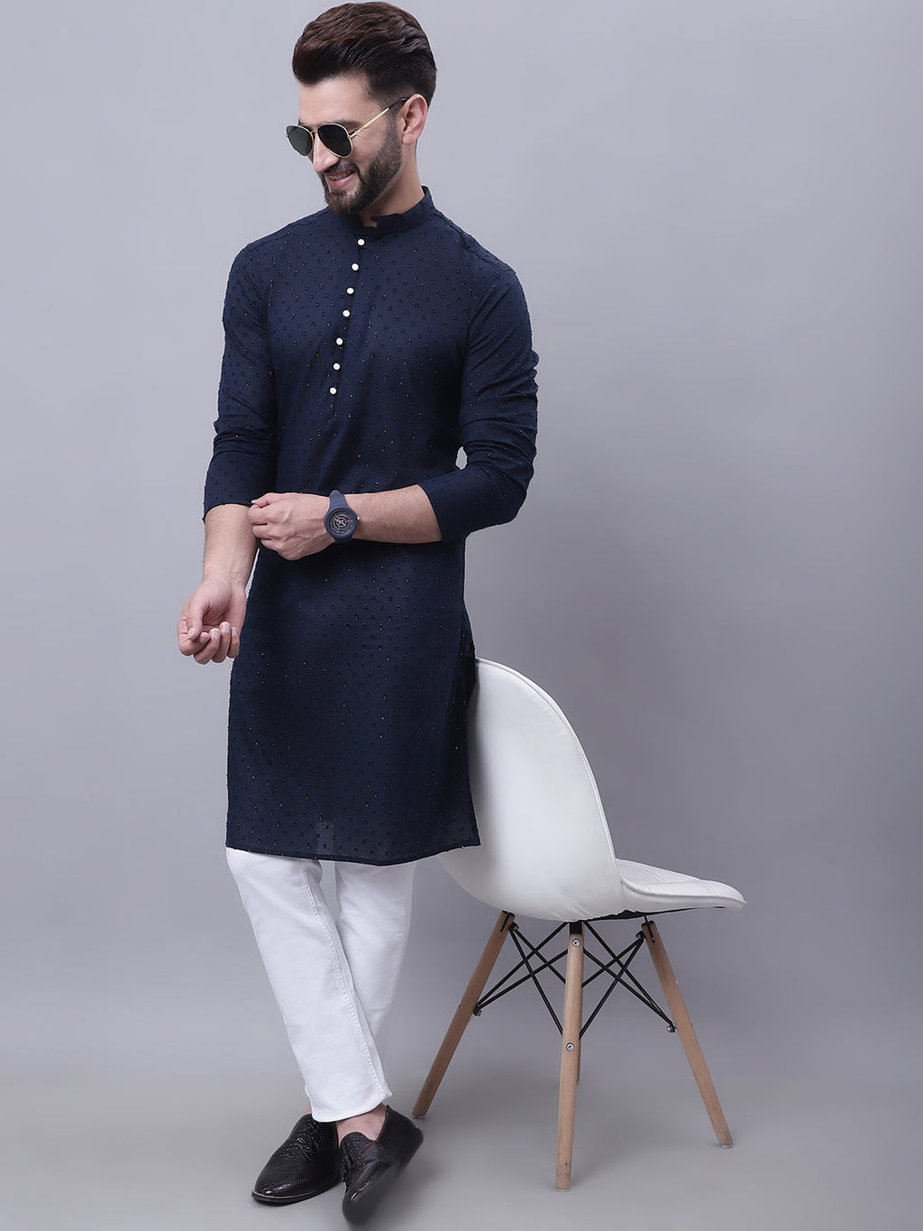 Even Apparels Blue Pure Cotton Kurta With Band Collar - Distacart