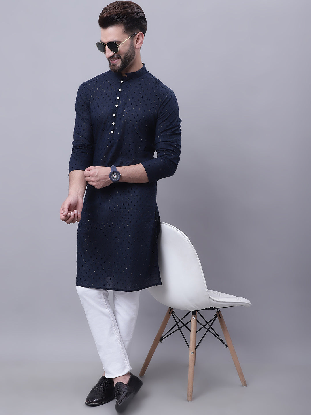 Even Apparels Blue Pure Cotton Kurta With Band Collar - Distacart