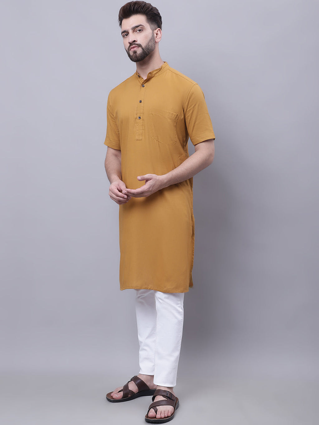 Even Apparels Mustard Pure Cotton Short Sleeves Kurta With Band Collar - Distacart