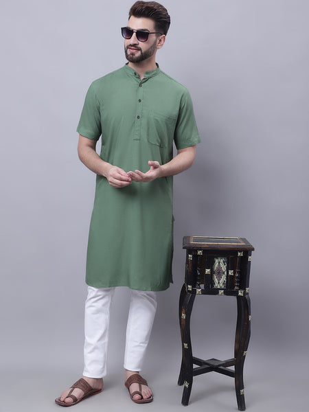 Even Apparels Green Pure Cotton Short Sleeves Kurta With Band Collar