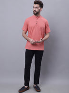 Even Apparels Peach Pure Cotton Short Sleeves Kurta With Band Collar - Distacart