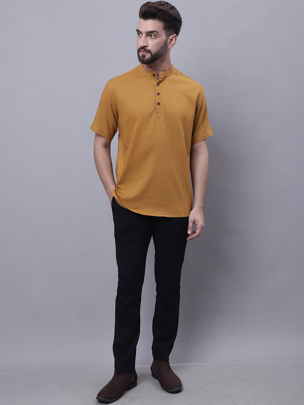 Even Apparels Brown Pure Cotton Short Kurta With Band Collar - Distacart