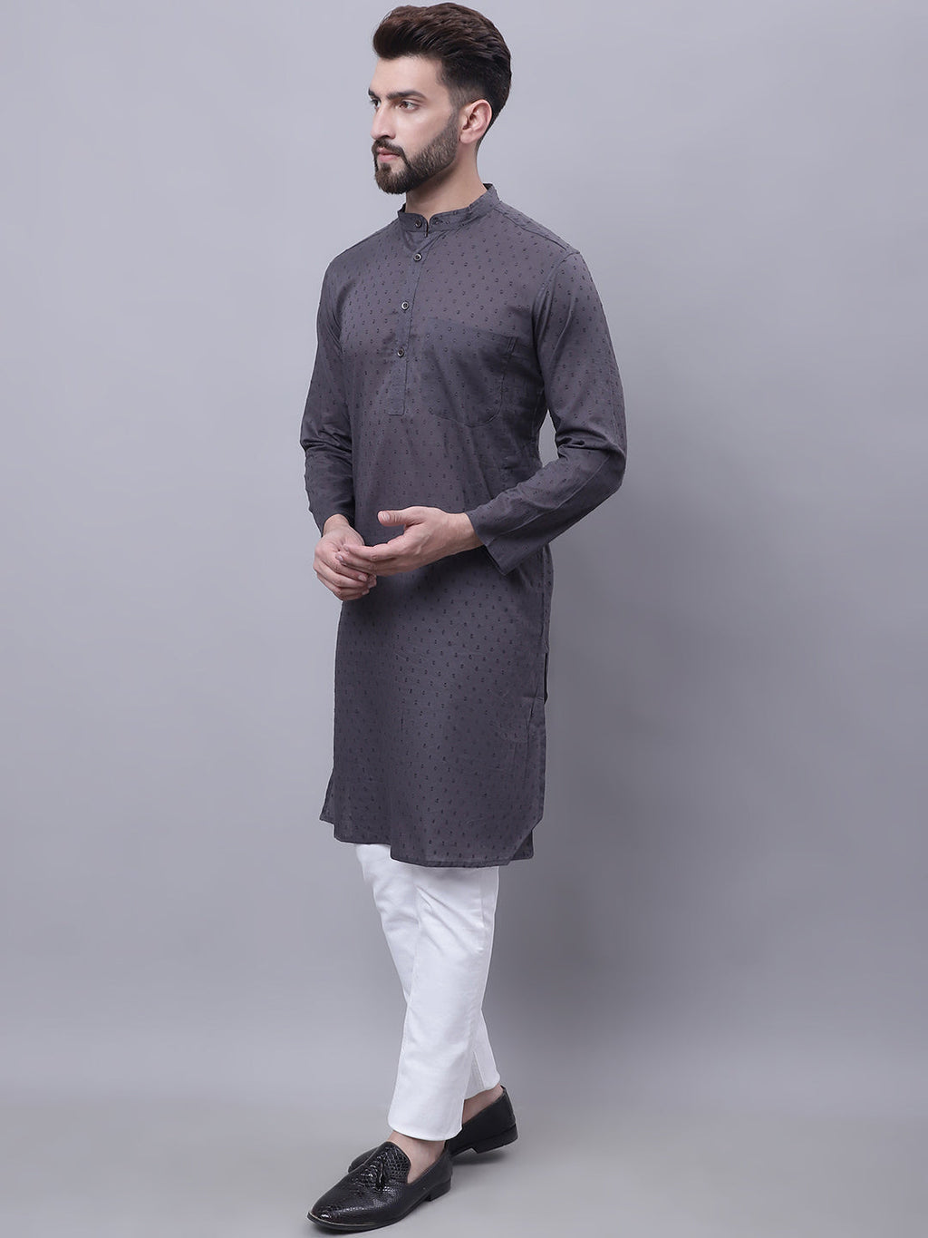 Even Apparels Grey Pure Cotton Kurta With Band Collar - Distacart